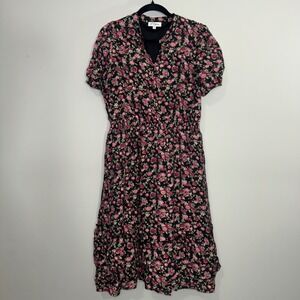 Polagram Floral Midi Dress Women XL Black Pink Ruffle V Neck Short Sleeve